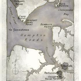 Map showing the Hampton Roads area; the location of the Battle of the Ironclads 