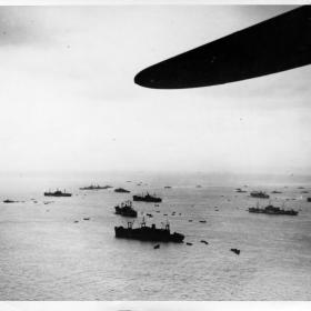 American landing crafts coming ashore to Leyte in the Philippines. 