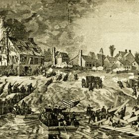 Illustration of the siege on Fredericksurg, Virginia.