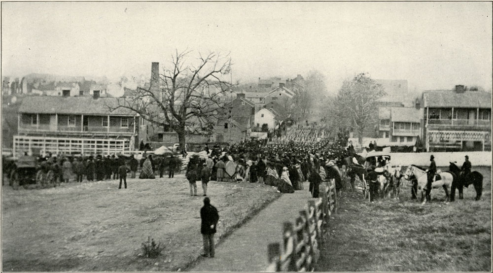Photograph of the crowd gathering before President Abraham Lincoln's speech dedicating the Soldier's National Cemetery.