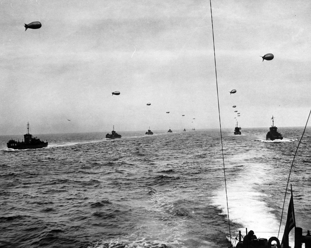 A convoy of Landing Craft Infantry (Large) sails across the English Channel toward the Normandy Invasion beaches on D-Day, 6 June 1944.