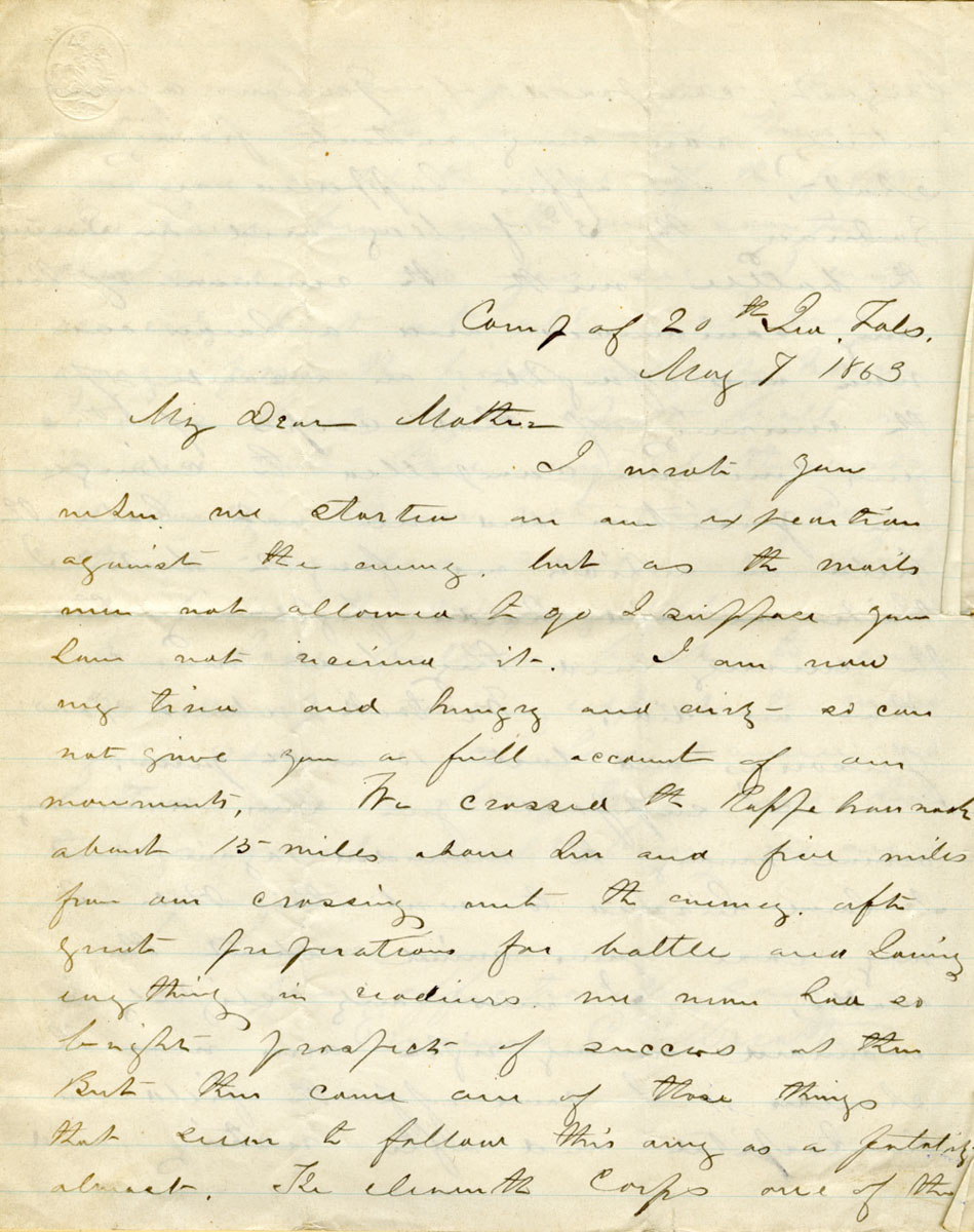 Handwritten letter from Erasmus Corwin Gilbreath to his mother after the humiliating Union defeat at the Battle of Chancellorsville.
