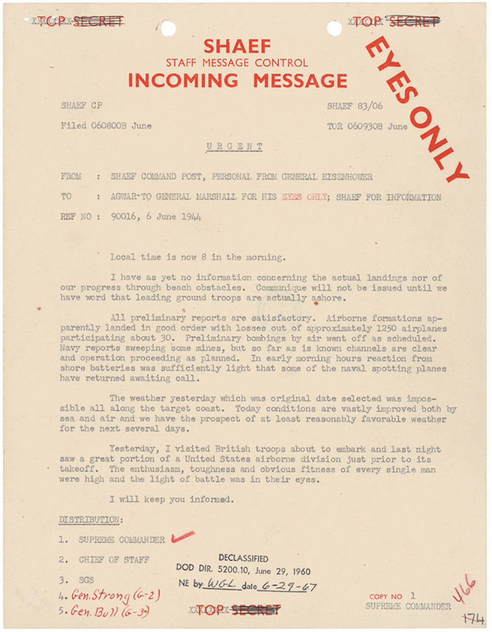 The cable from General Eisenhower highlights that losses among the more than 1,000 aircraft that took part in D-Day were not as severe as expected.