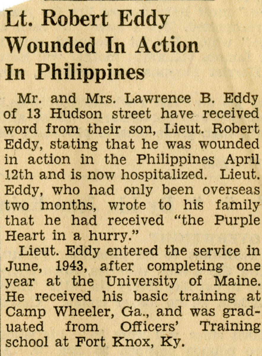 Newspaper article about Robert Eddy being wounded.