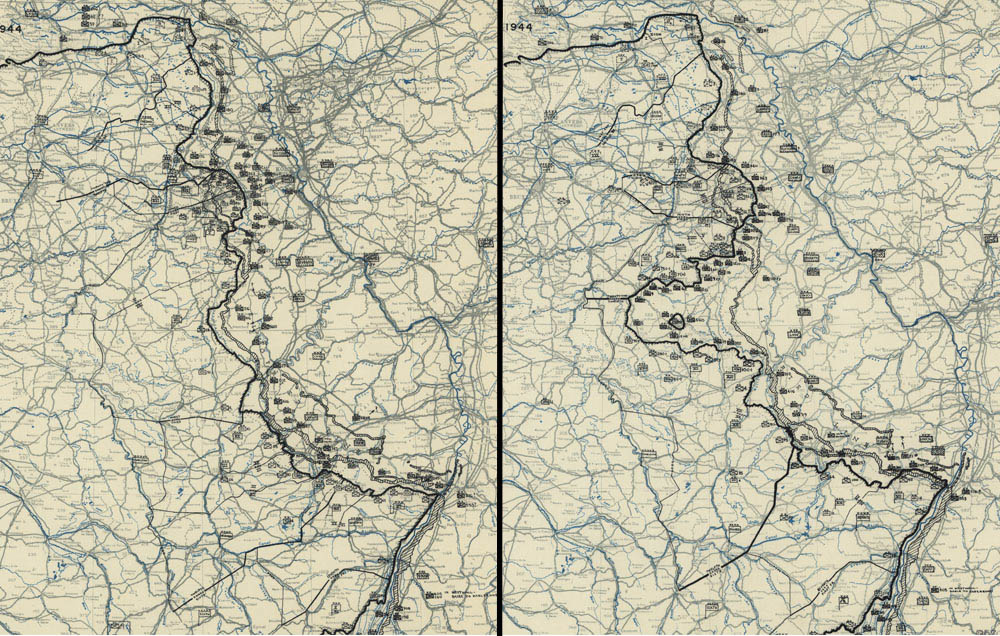 Map showing the front line prior to the German offensive during the Battle of the Bulge.