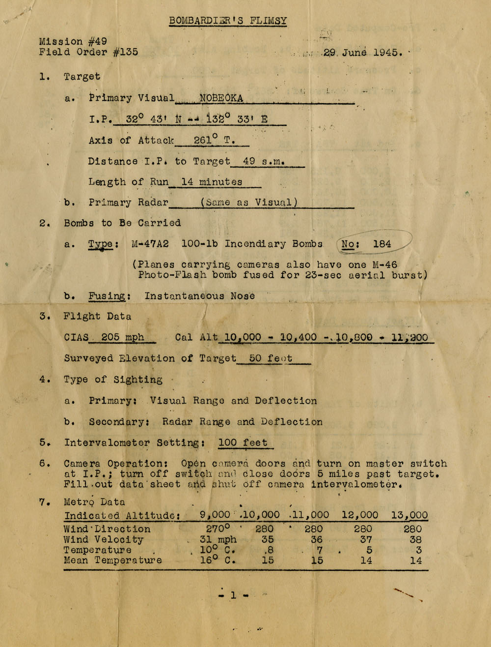 Record document of a bombardier's flights