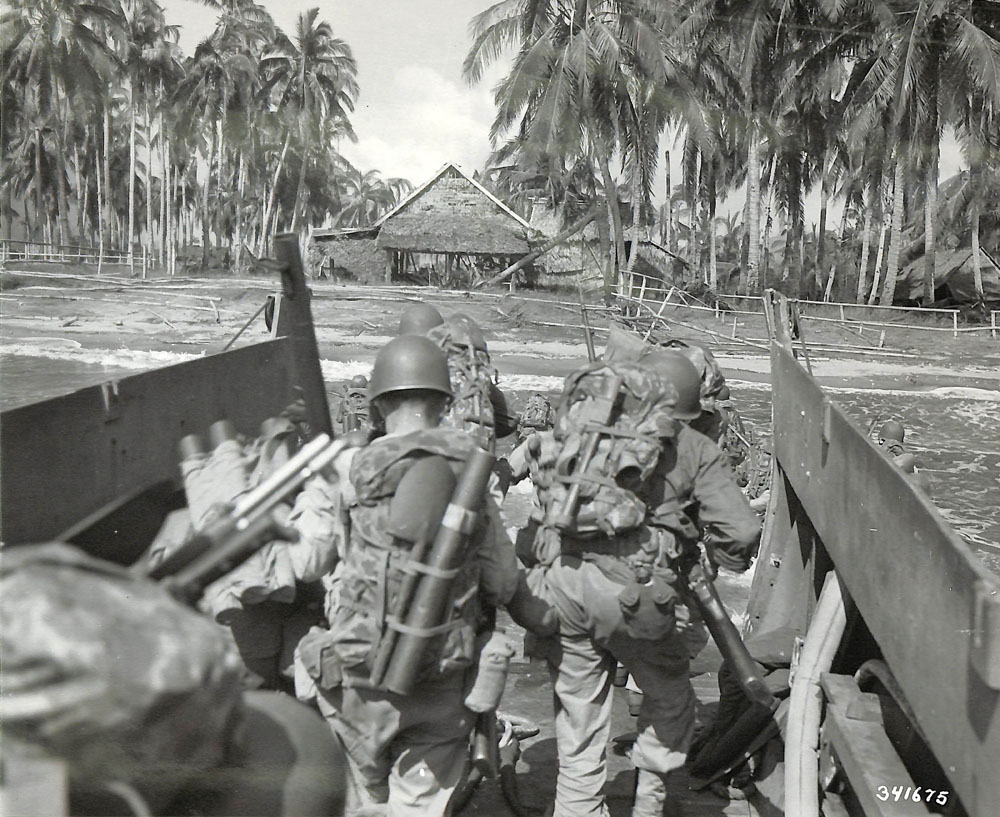 The first wave of American troops on the island of Leyte.