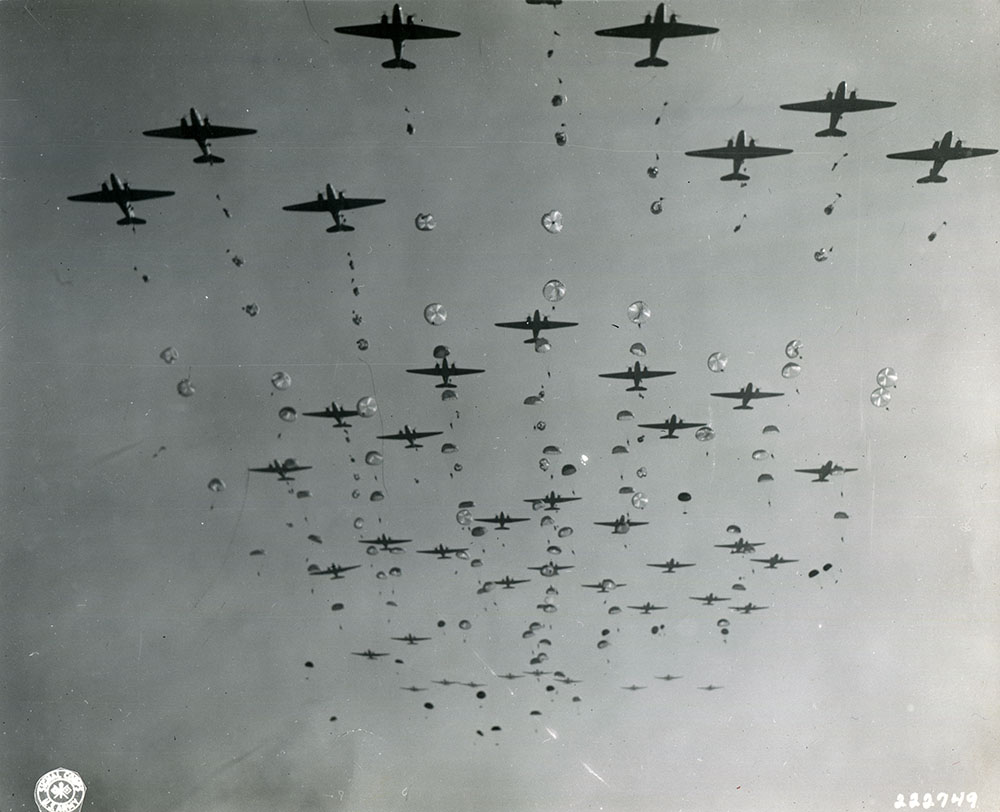 Practice jumping for American paratroopers in preparation of the Allied invasion.