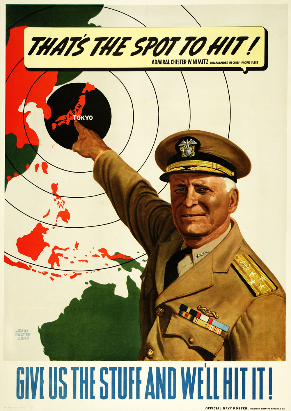 Poster featuring Admiral Nimitz pointing to Japanese targets.