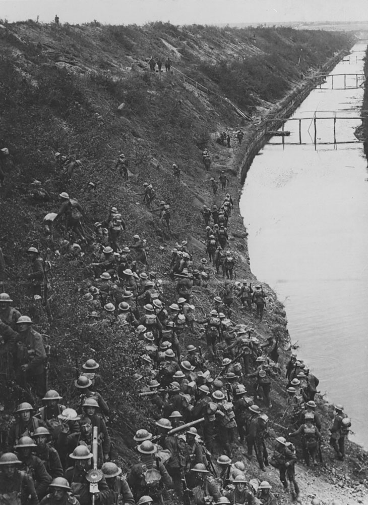 1918 photograph of doughboys at the Saint Quentin Canal.