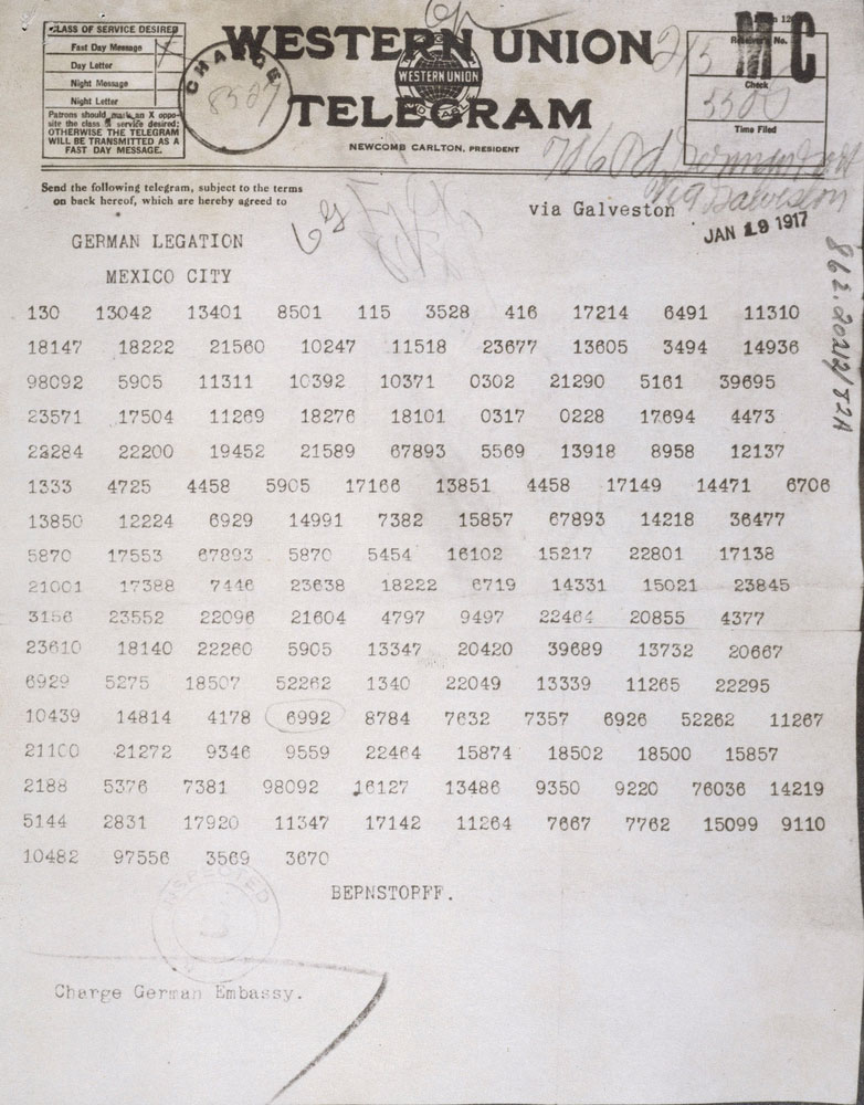 Telegram from Arthur Zimmermann to the German ambassador to Mexico, Count Johann von Berstorff.