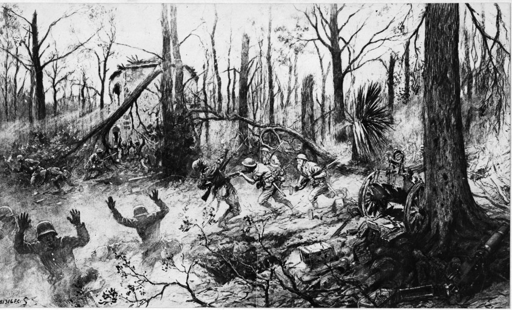 This drawing by Georges Scott depicts the American Marine Brigade in action in Belleau Wood.