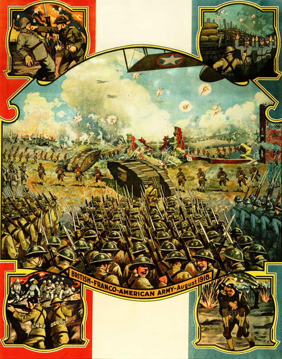 Poster of American, French, and British armies in battle.