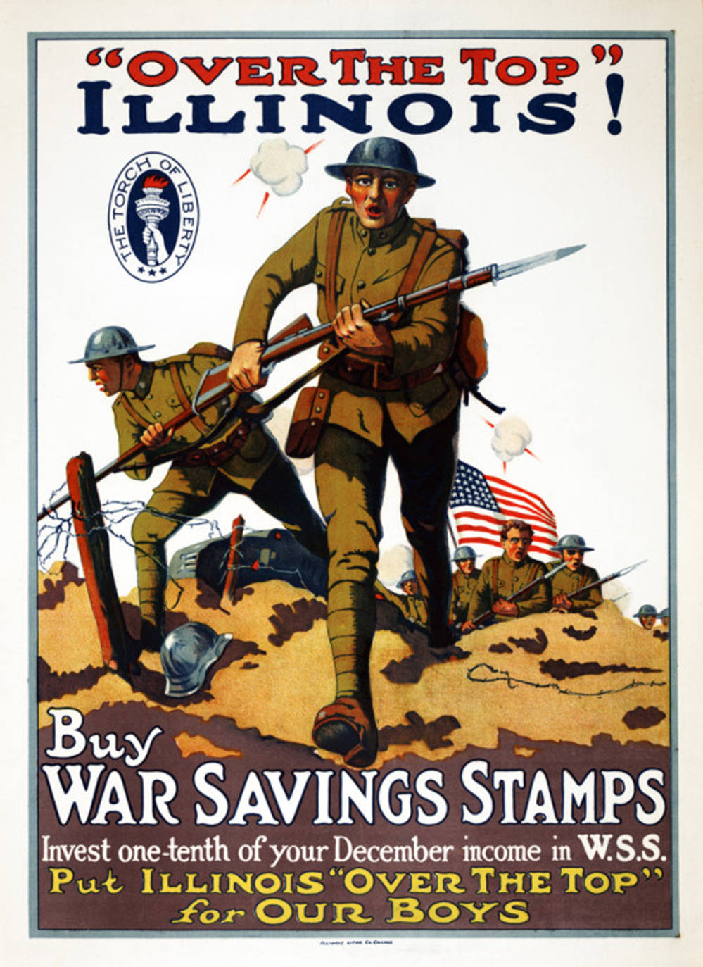 "Over the Top" Illinois! poster for War Savings Stamps from 1917-1918.