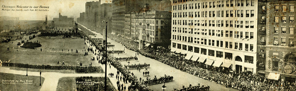 A parade of soldiers on Michigan Ave. in Chicago.