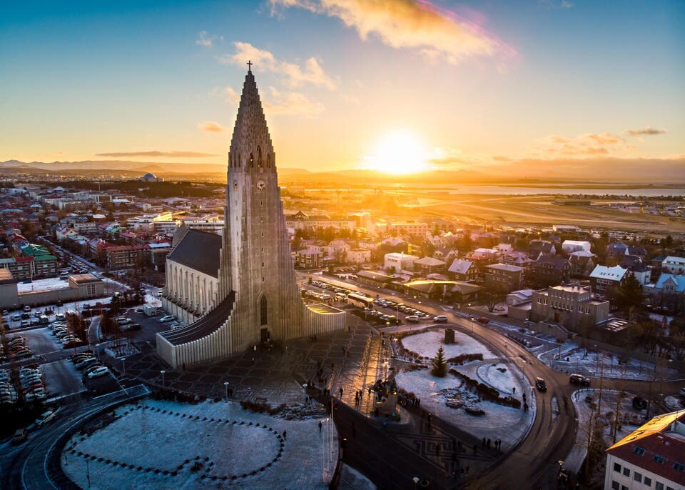 Hallgrímskirkja at sunset, Reykjavik