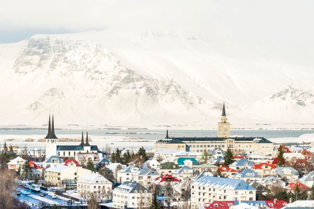 Reykjavik in winter with Mount Esja