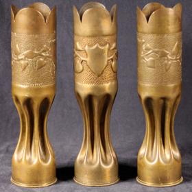 Set of 3 French 75 MM Artillery Shells with Embossed Branches, Leaves and Shields
