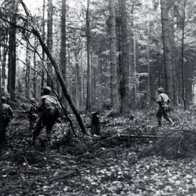 110th Infantry Regiment, 28th Infantry Division moves through Vossenack, Germany.