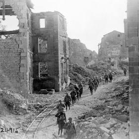 Soldiers passing through Varennes-en-Argonne on September 26, 1918. 