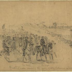 Pencil drawing of President Lincoln reviewing the troops at Chancellorville.