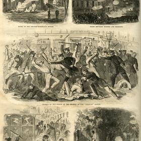 Illustration page from Harper's Weekly showing scenes from the Riots in New York.