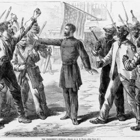 Illustration of a man representing the Freedmen's Bureau standing between freed slaves and whites.