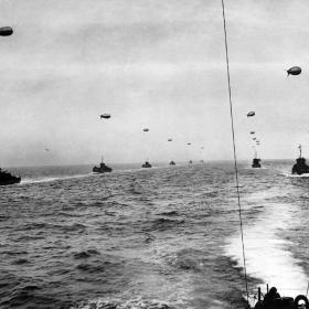 A convoy of Landing Craft Infantry (Large) sails across the English Channel toward the Normandy Invasion beaches on D-Day, 6 June 1944.