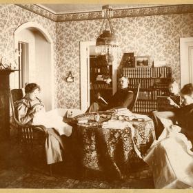 Photograph of the Gilbreath family in the sitting room of their home at Whipple Barracks in the Arizona Territory.