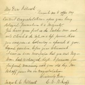 Handwritten letter from Colonel Charles A. Wikoff congratulating Erasmus Corwin Gilbreath on his promotion to Major.