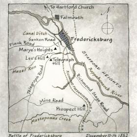 Map showing the location of the Battle of Fredericksburg.