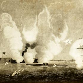 Illustration showing USS Monitor and CSS Virginia (formerly the USS Merrimac) engaged in battle