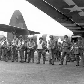 Airborne troops next to gliders