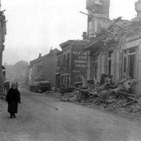Damage from bombs in Bastogne, Belgium.