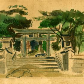 Drawing of a shrine near Shuri Castle, on Okinawa, Japan.