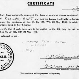 Certificate from the U.S. Army allowing Levine to keep the captured weapon 
