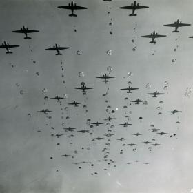 Practice jumping for American paratroopers in preparation of the Allied invasion.