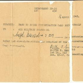 MIlitary pass allowing service men to enter Buchenwald concentratio camp. 