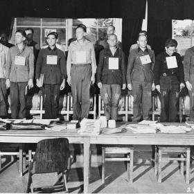 Defendents in the war crimes trial from the Dora-Mittelbau concentration camp. 