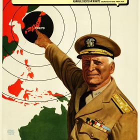 Poster featuring Admiral Nimitz pointing to Japanese targets.