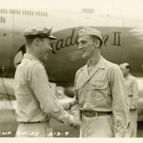 Lt Vyhnanek receiving the Distinquished Flying Cross medal