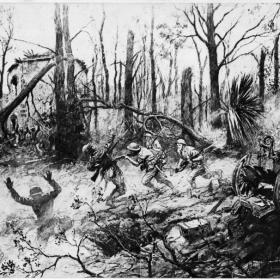 This drawing by Georges Scott depicts the American Marine Brigade in action in Belleau Wood.