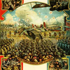 Poster of American, French, and British armies in battle.